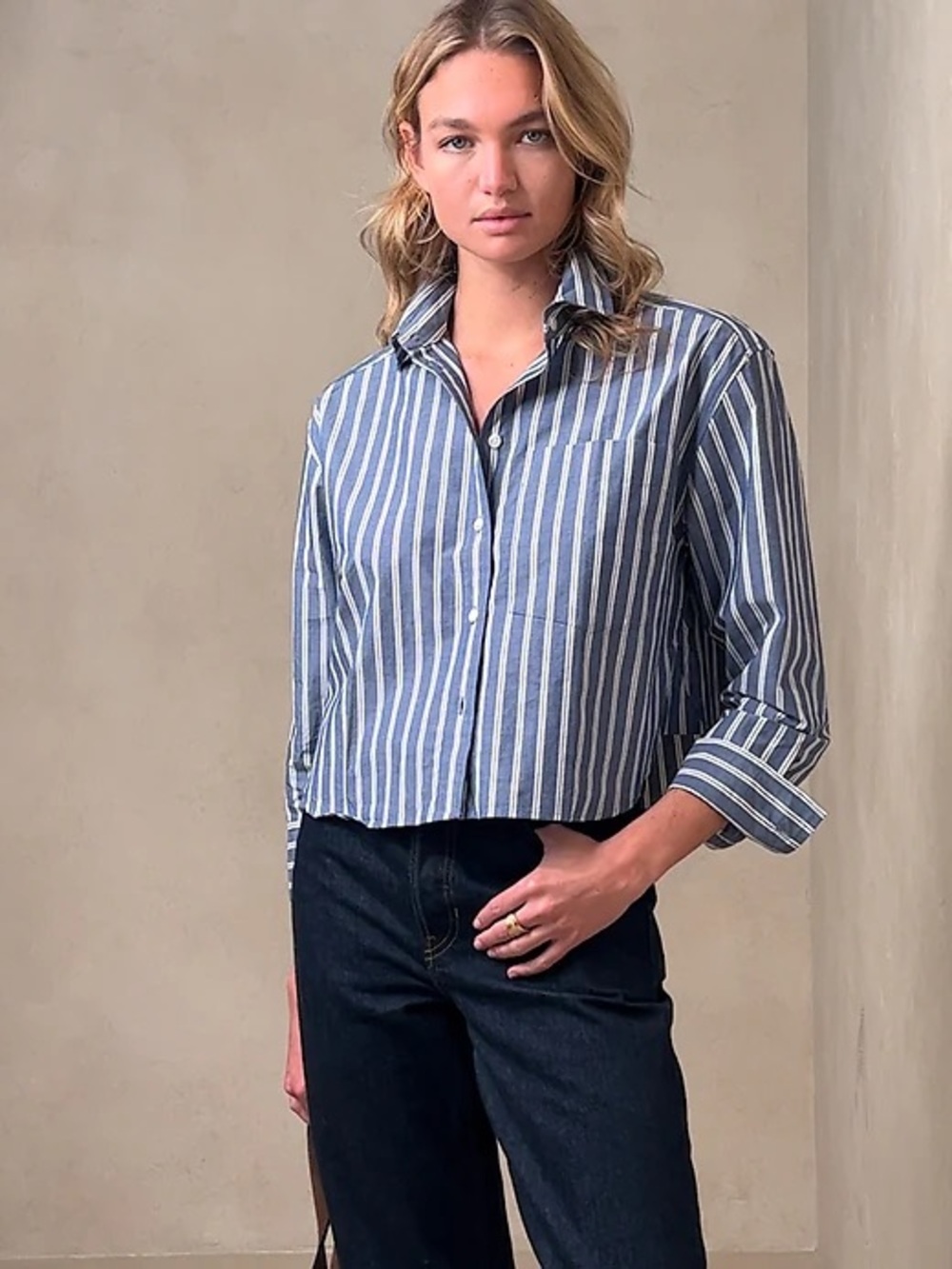 Banana Republic Cropped Blue and White Striped Button-Up Shirt
